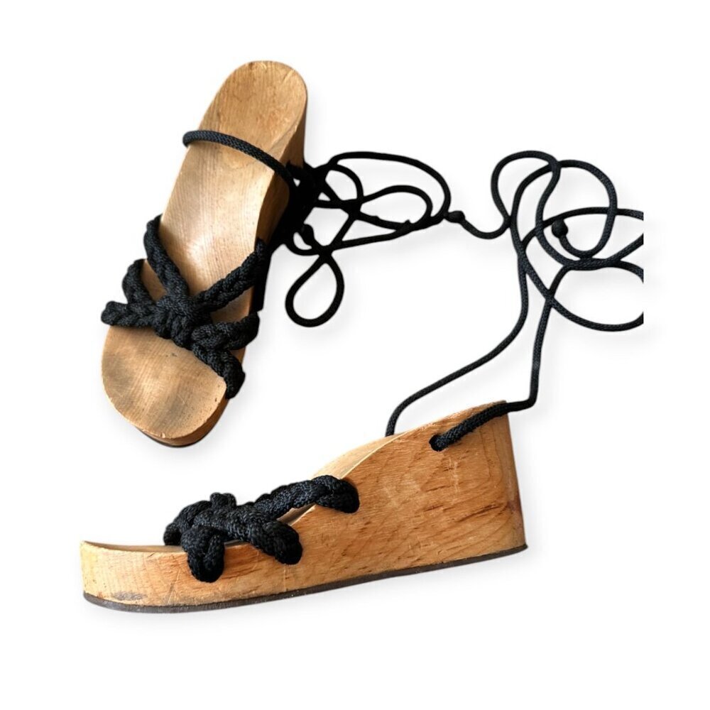 Vintage Wood Wedge Rope Sandals, Wrap Around Rope. Black